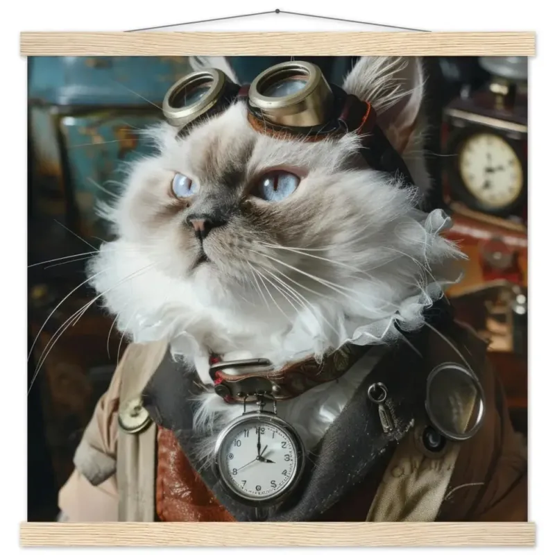 Schulposter - Steampunk-Vintage Katzenmotiv, mattes FSC-Papier, magnetische Holzleisten | St Tropez Art