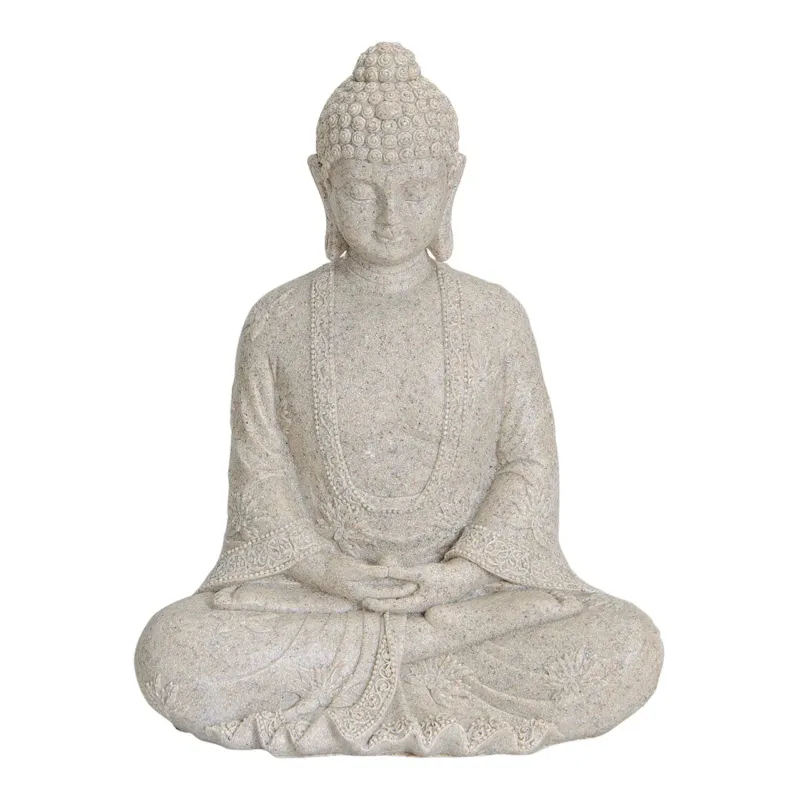Buddha-Statue aus Poly in Beige mit matter Optik, detailreicher Skulptur-Form & freistehendem Standdesign | Wurm