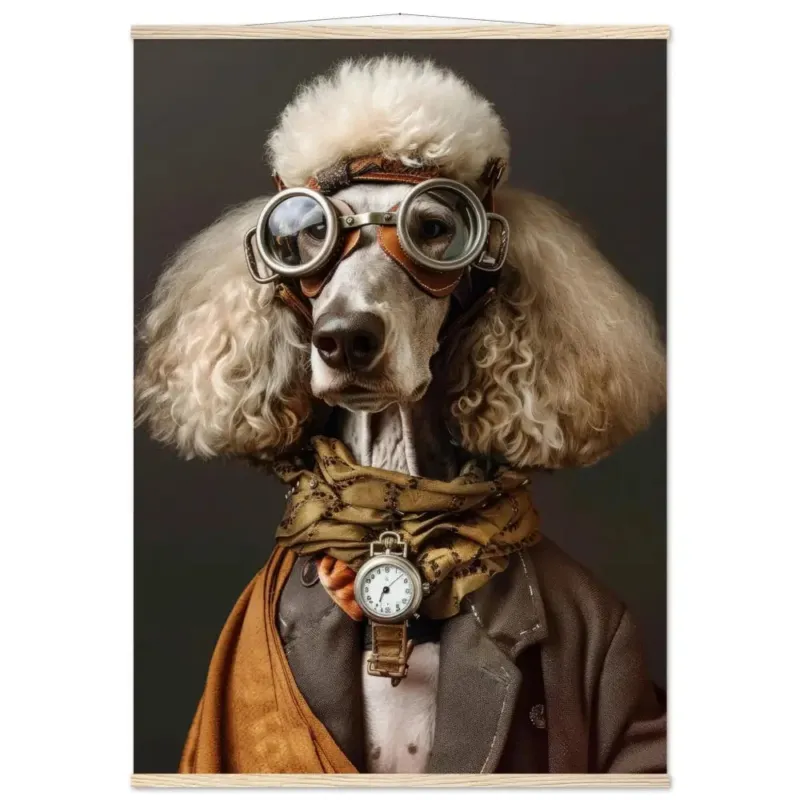 Schulposter Pudel-Hund, Steampunk-Stil, antike silberfarbene Uhr, bronzefarbene Brille | St Tropez Art