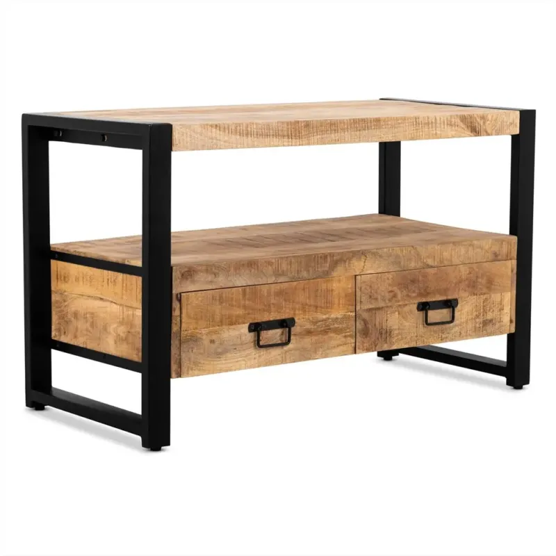 TV-Möbel – Mangoholz Oberfläche, Schwarzes Stahlgestell, Schubladen, 120 cm - Britt | Benoa
