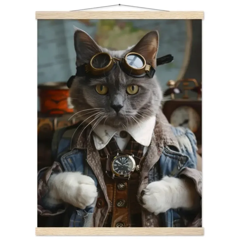 Schulposter – Chartreux Katze, Steampunk-Outfit, Zahnradmuster | St Tropez Art
