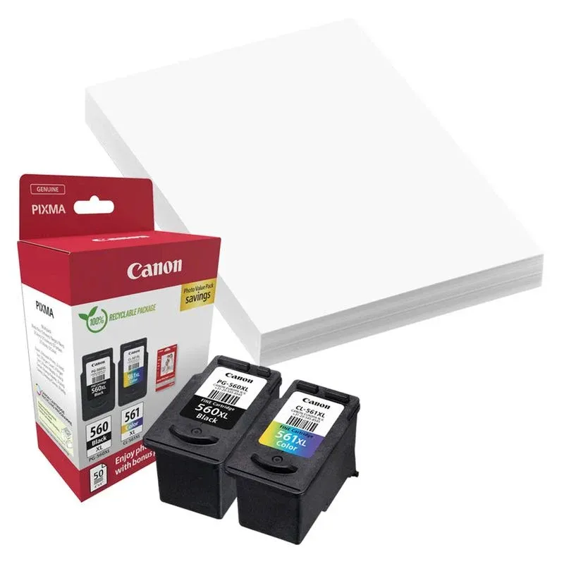Canon PG-560XL + CL-561XL schwarz, color Druckköpfe + Fotopapier, 2er-Set
