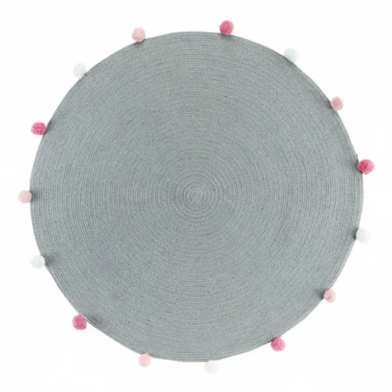 Deko Teppich Grau bunt 90 cm Baumwolle uni mit Bommel Wohnteppich Boho