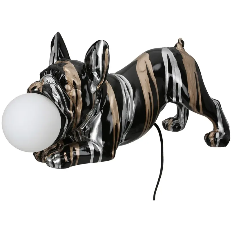 Tischleuchte – Bulldoggenform, Schwarze Metalloptik, Silberne Linien, Höhe 22 cm - Drip | Gilde