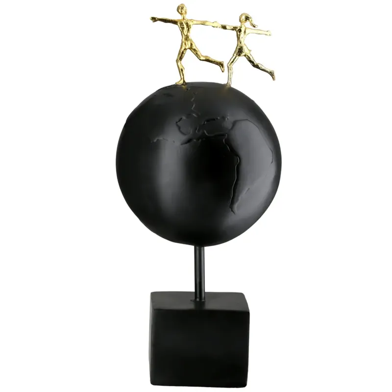 Skulptur – Schwarzes Kunstharz, Goldene Akzente, Weltkugel Motiv - Around the World | Gilde