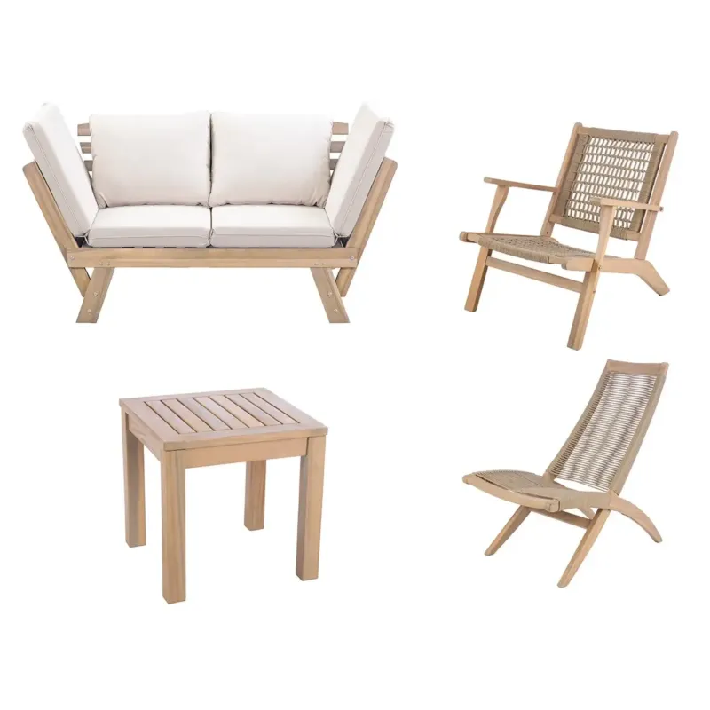 Sitzbank – Holz Naturton, Faltbare Lehnen, Beige Kissen - Bali | Gilde
