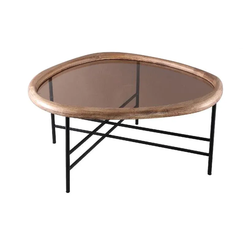 Couchtisch – Rubberwood, Glasplatte, Eisenrahmen, organisch, M – Neelix | PTMD