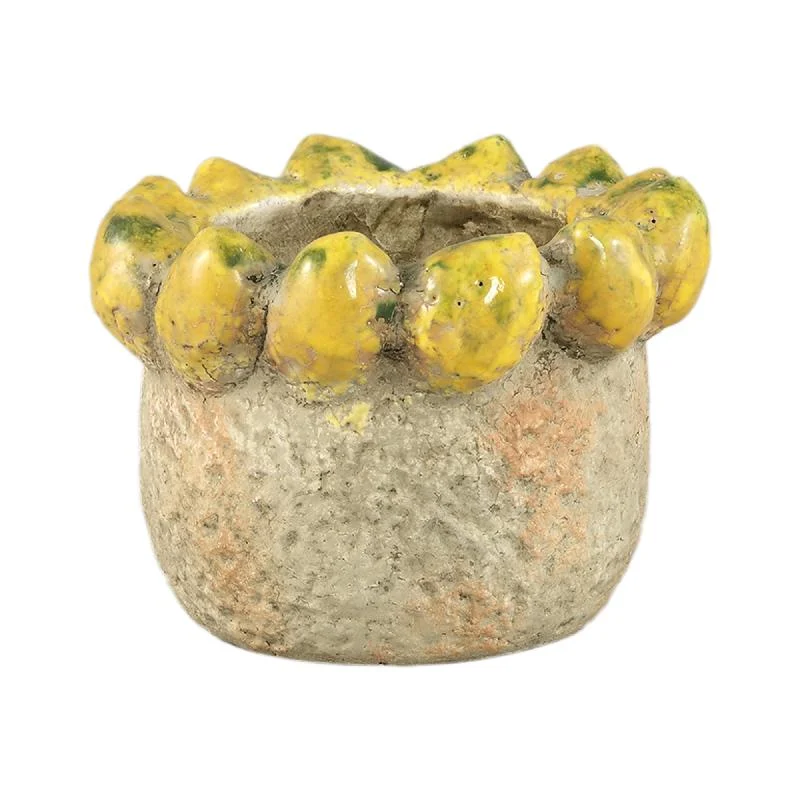 Topf – Zitronenrand Design, Runde Form, Gelbe Farbe, Terrakotta Keramik, XS – Fruitsy | PTMD