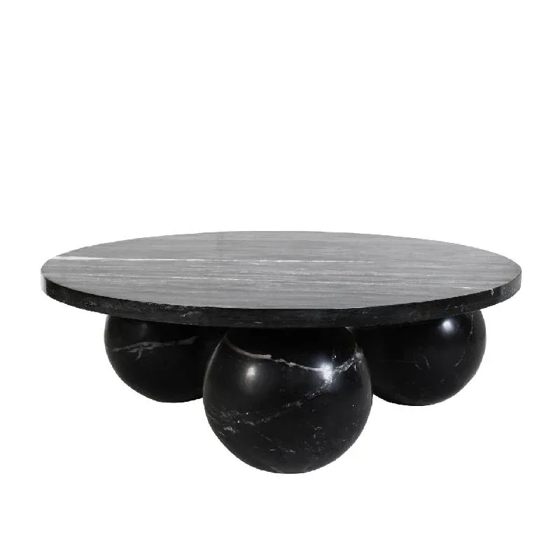 Couchtisch – Marmor, rund, schwarz, 3-Kugel-Basis, skulpturales Design – Diro | PTMD