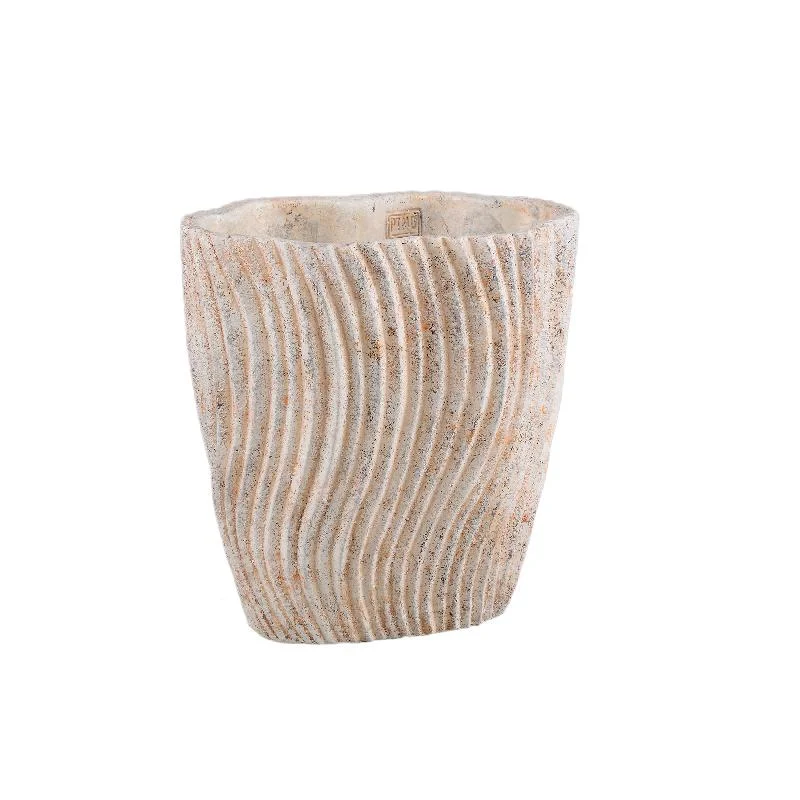 Topf – Wellen Struktur, Zement Optik, Oval Form, Hoch, L - Robbien | PTMD