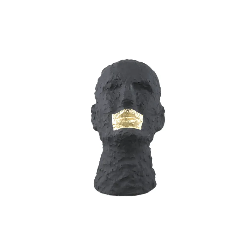 Statue – Kopf Design, Keramik Material, Schwarz, Goldene Mund Details – Bertrand | PTMD