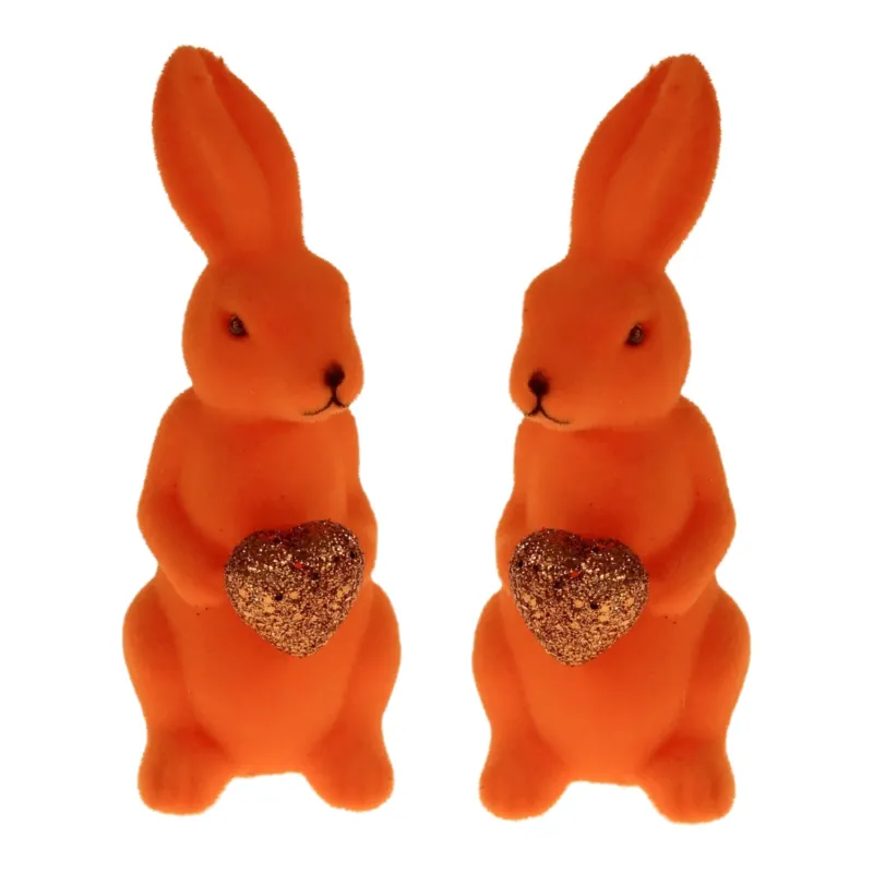 Osterhase mit Herz Orange Lila Grün Magenta Kunststoff beflockt Dekohase Hase Osterdekoration modern