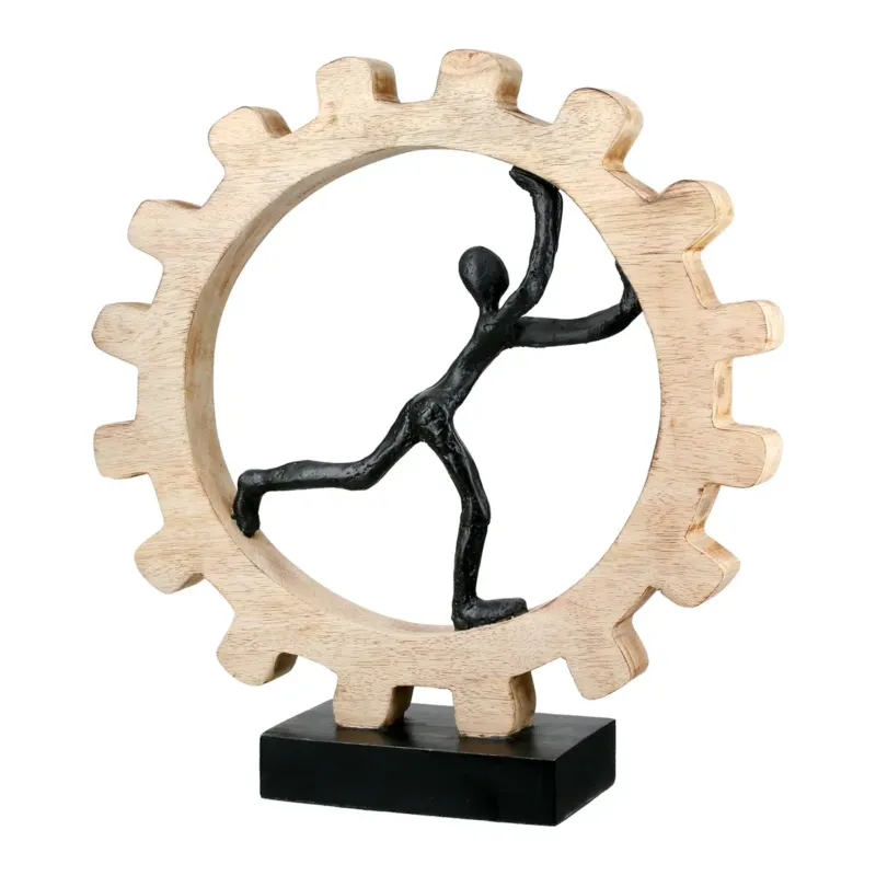 Skulptur – Gebürstetes Aluminium, Natürliches Mangoholz, Markante Zahnradform, 36 cm - Zahnrad | Gilde