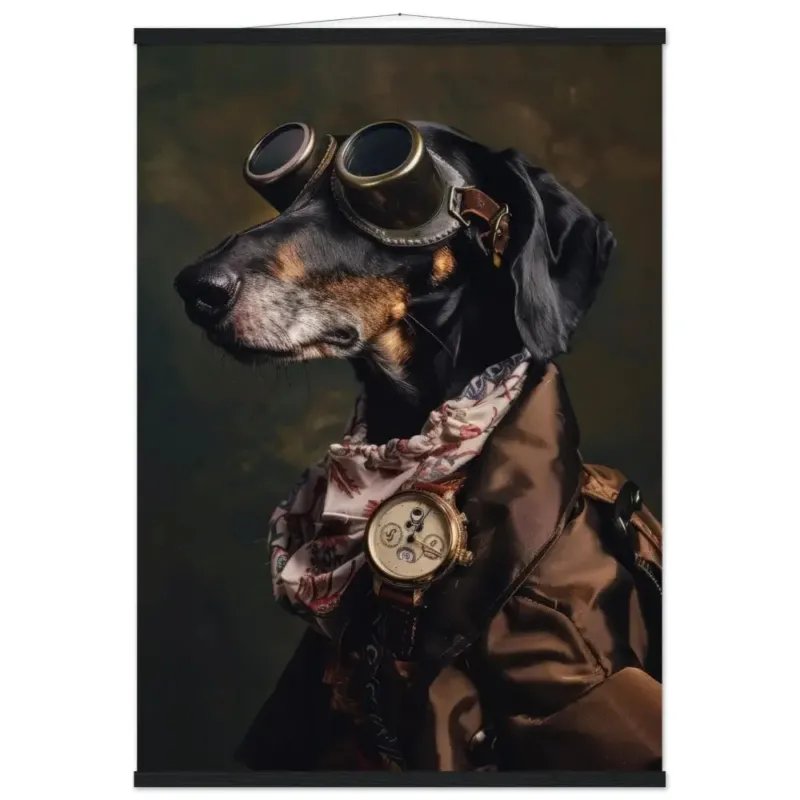 Schulposter - Schwarz-Braun-Coonhound, Steampunk-Stil, antike goldfarbene Uhr, bronzefarbene Brille | St Tropez Art