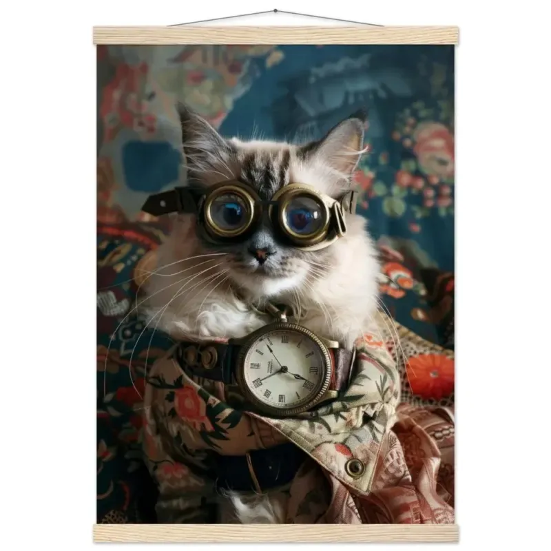 Schulposter - Steampunk-Vintage Balinesische Katze Motiv, mattes FSC-Papier, magnetische Holzleisten | St Tropez Art