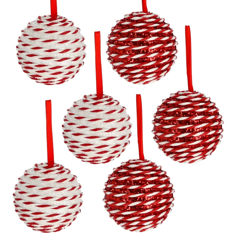 6er Set Christbaumkugeln Rot Weiß Glitzer 10 cm Christbaumschmuck Dekokugeln modern