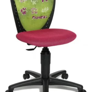 Kinderstuhl High S'Cool Schwarz-Rosa / Flowers mit grüner Rückenlehne mit Blumenmotiv und rosa Sitzfläche, Gesamtansicht.