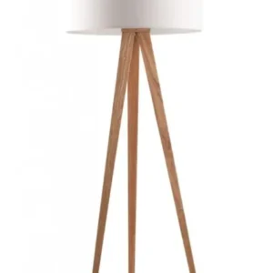 Zuiver Tripod Stehlampe mit dreibeinigem Holzgestell und zylindrischem cremefarbenem Stoffschirm in Gesamtansicht.
