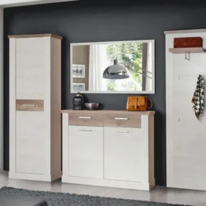 Garderobe DURO 4-tlg. Komplett-Set in Gesamtansicht mit Hochschrank, Sideboard und Spiegel in Pinie weiß mit Eiche-Antik-Absetzungen.