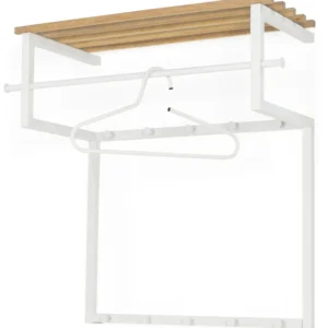 Garderobe Wandgarderobe RIZZOLI Weiß mit Ablage aus Eiche in Gesamtansicht mit weißem Metallgestell und Holzoberbau.