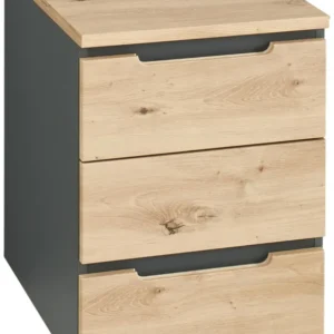 Rollcontainer MEMPHIS mit drei Schubladen, Artisan-Eiche-Front und graphitfarbenem Korpus, Gesamtansicht von vorne.