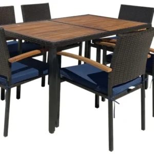 Gartentisch-Set BILBAO 7-teilig mit Akazie-Tischplatte und dunkelbraunem Rattan-Geflecht, Gesamtansicht.
