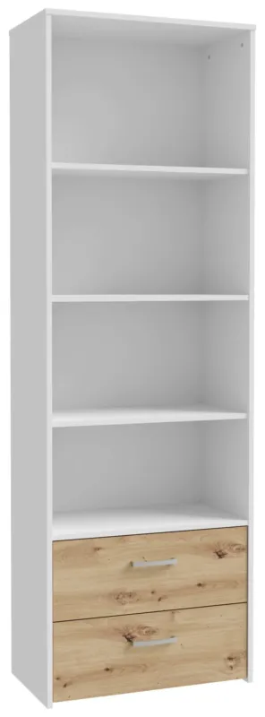Regal Bücherregal CULGOA in Weiß mit Artisan Eiche, Gesamtansicht mit vier offenen Fächern und zwei Schubladen.