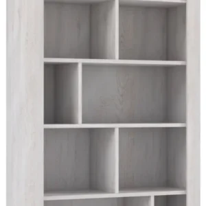 Bücherregal DURO mit asymmetrischer Inneneinteilung in Pinie weiß antik, Gesamtansicht der offenen Fachstruktur.