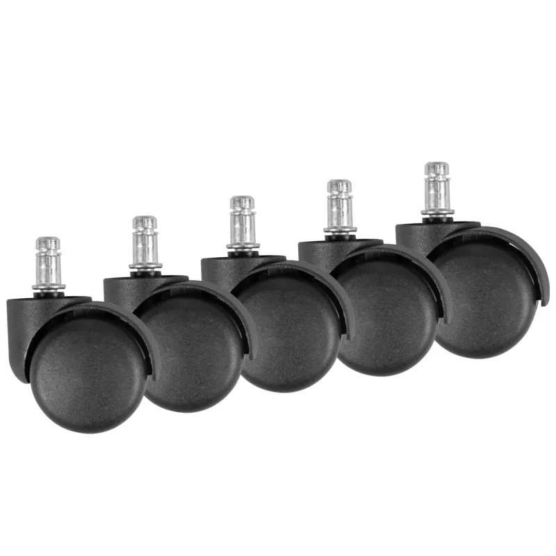 Bürostuhlrollen Set 5 Stk gebremst 11mm Stift 50mm Schwarz Teppich, Gesamtansicht aller fünf Rollen nebeneinander.