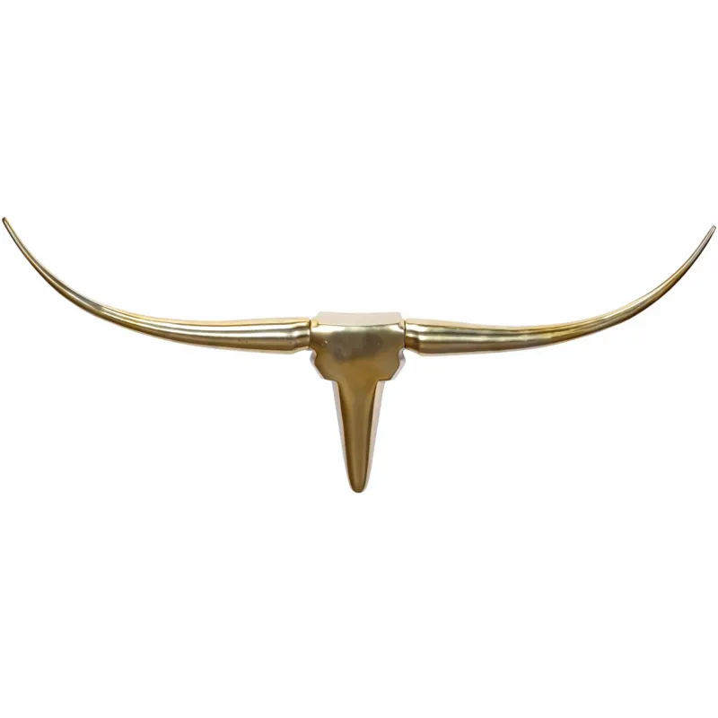 Deko Geweih Bull M 100cm Gold Aluminium Stierkopf Modern Wanddeko in Goldfarbe, Frontansicht mit gespreizten Hörnern.
