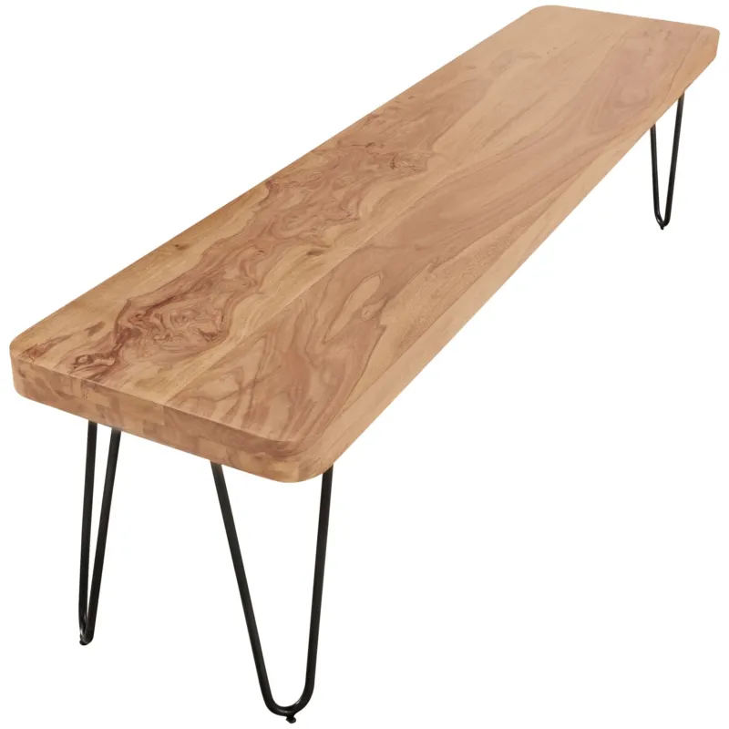 Sitzbank BAGLI 160cm Akazie Massivholz Landhausstil Naturprodukt in Gesamtansicht mit Holzplatte und schwarzen Metallbeinen.