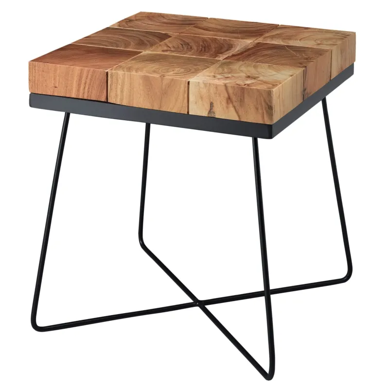 Beistelltisch Akazie Massivholz Metallgestell Industrial mit quadratischer Holzplatte und schwarzem Stahlgestell.