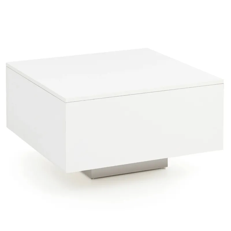 Couchtisch WL5.832 in Weiß mit quadratischer Tischplatte und Metallsockel in Gesamtansicht.