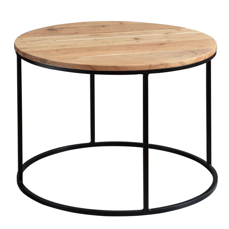 Runder Couchtisch Akazie Massivholz Metall mit Holzplatte und schwarzem Metallgestell, Gesamtansicht.
