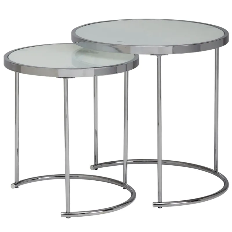Beistelltisch 2er Set Rund in Gesamtansicht mit runden Glasplatten und verchromtem Metallgestell.