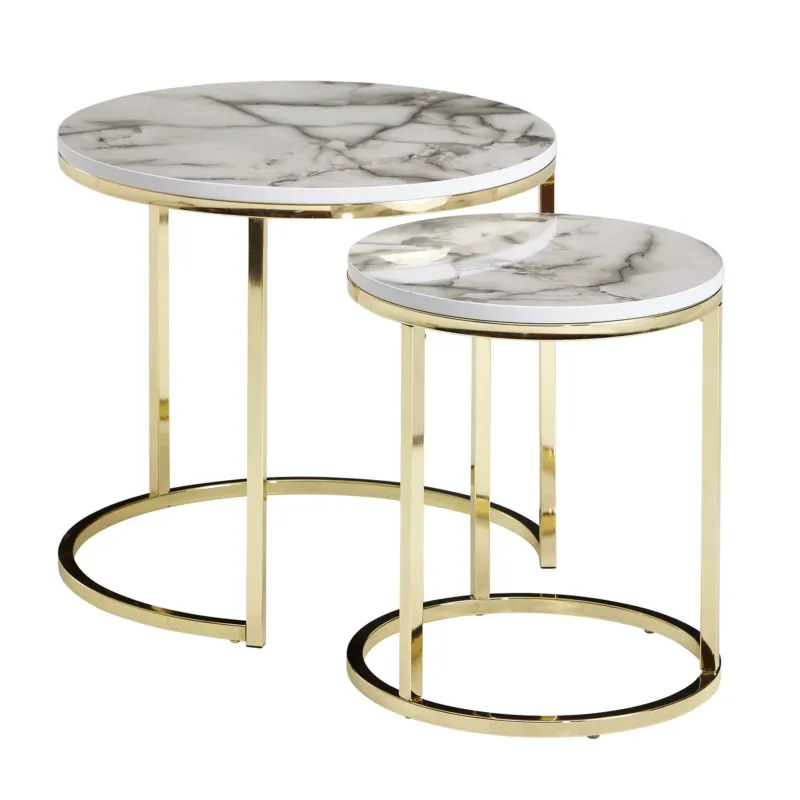 Beistelltisch 2er Set Marmoroptik Rund Metallgestell Gold Modern mit zwei runden Marmorplatten und goldenem Gestell.