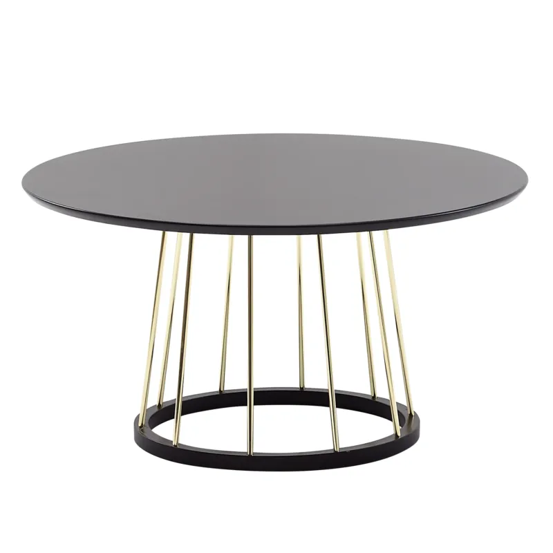 Couchtisch Rund 80x80x42cm Schwarz Gold Metall Modern mit schwarzer runder Tischplatte und goldfarbenen Metallbeinen.