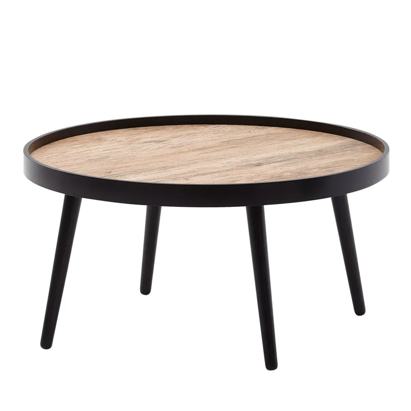 Couchtisch Rund mit rundem Holztablett und schwarzem Metallgestell, Gesamtansicht.