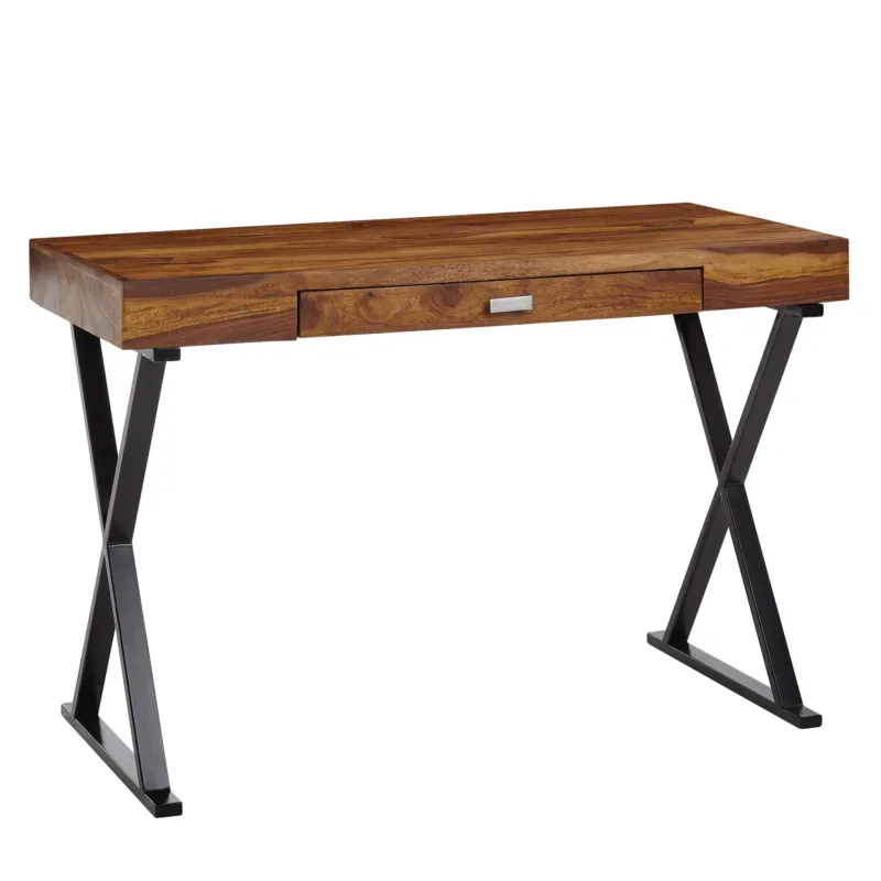 Schreibtisch 120x55x78cm Sheesham Massivholz mit schwarzen X-förmigen Metallbeinen, Gesamtansicht.