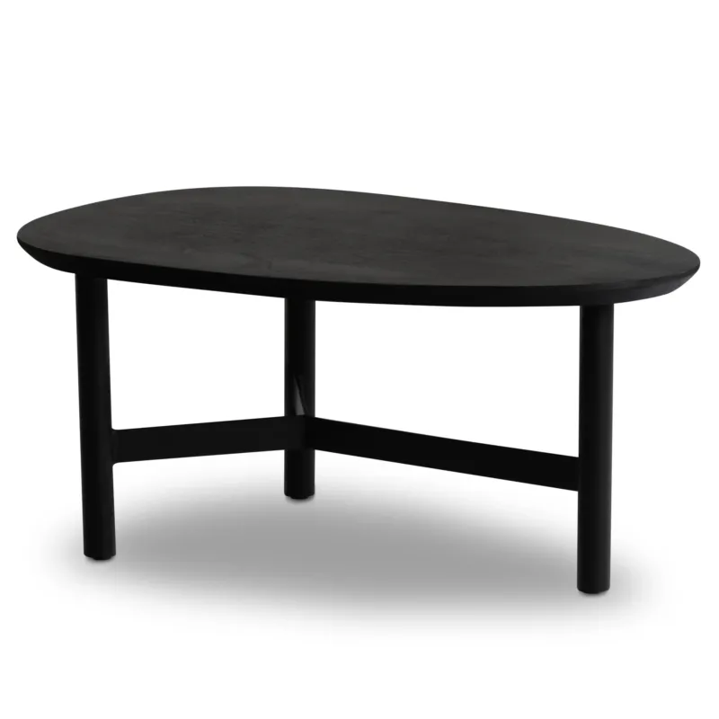 Couchtisch Mango Massivholz Metall Schwarz Nierenform Modern in schwarzer Ausführung, Gesamtansicht von vorne.