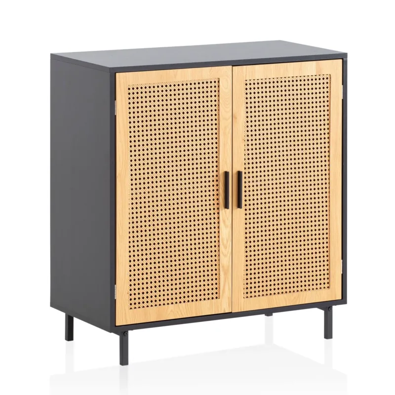Sideboard 80x86,5x40cm Schwarz mit zwei Türen aus Wiener Geflecht in Gesamtansicht.
