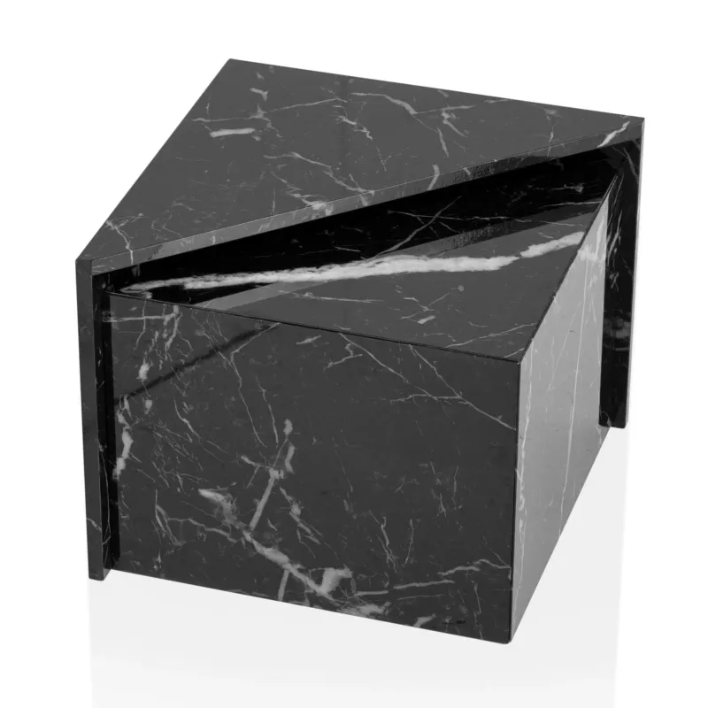 Couchtisch Set Monobloc Schwarz Hochglanz Marmoroptik mit ausgezogenem kleineren Tisch in Gesamtansicht.