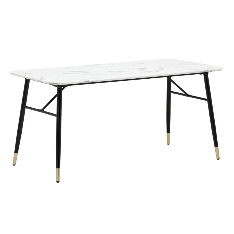 Esszimmertisch 180x90 Marmor-Optik Weiß mit weißer Marmorplatte und schwarzen Metallbeinen in Gesamtansicht.