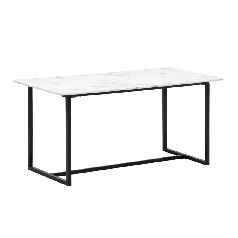 Esszimmertisch 180x90 Marmor-Optik Weiß mit schwarzem Metallgestell in Gesamtansicht.