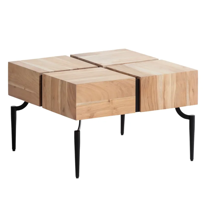 Couchtisch Akazie Massiv mit quadratischer Würfelform, segmentierte Holzplatte und schwarzem Metallgestell, Gesamtansicht.