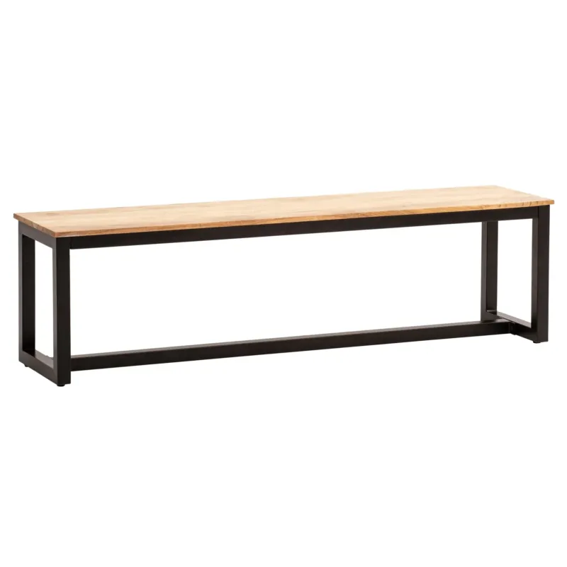 Esszimmerbank 160x40x45cm Akazie Massivholz Metall Industrial Style mit heller Holzplatte und schwarzem Gestell.