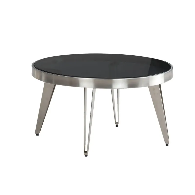Runder Couchtisch Glas Metall 60x60x33cm mit schwarzer Glasplatte und silbernem Metallgestell in Gesamtansicht.