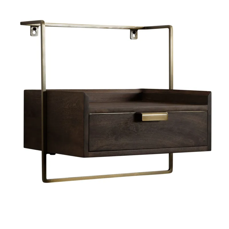 Nachtkonsole Wandmontage Mango Massivholz Dunkelbraun mit Schublade in Gesamtansicht, Holzkorpus mit metallgestell.