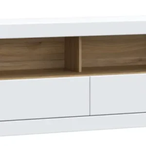 TV-Board LEFKADAS Lowboard Weiß seidenmatt in Gesamtansicht mit zwei Schubladen und offenen Fächern mit Walnussholz-Rückwand.