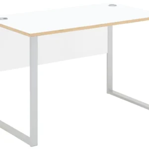 Schreibtisch MEMPHIS mit Holztischplatte in Natur und silbermattem Metallgestell, Gesamtansicht von vorne.